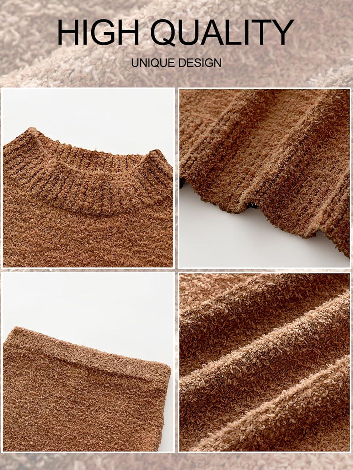 imageCaracilia Womens 2 Piece Skirts Sets Fuzzy Fleece Sweater Long Sleeve Knit Tops Midi Skirt Travel Matching Outfits 2025 FallOchre