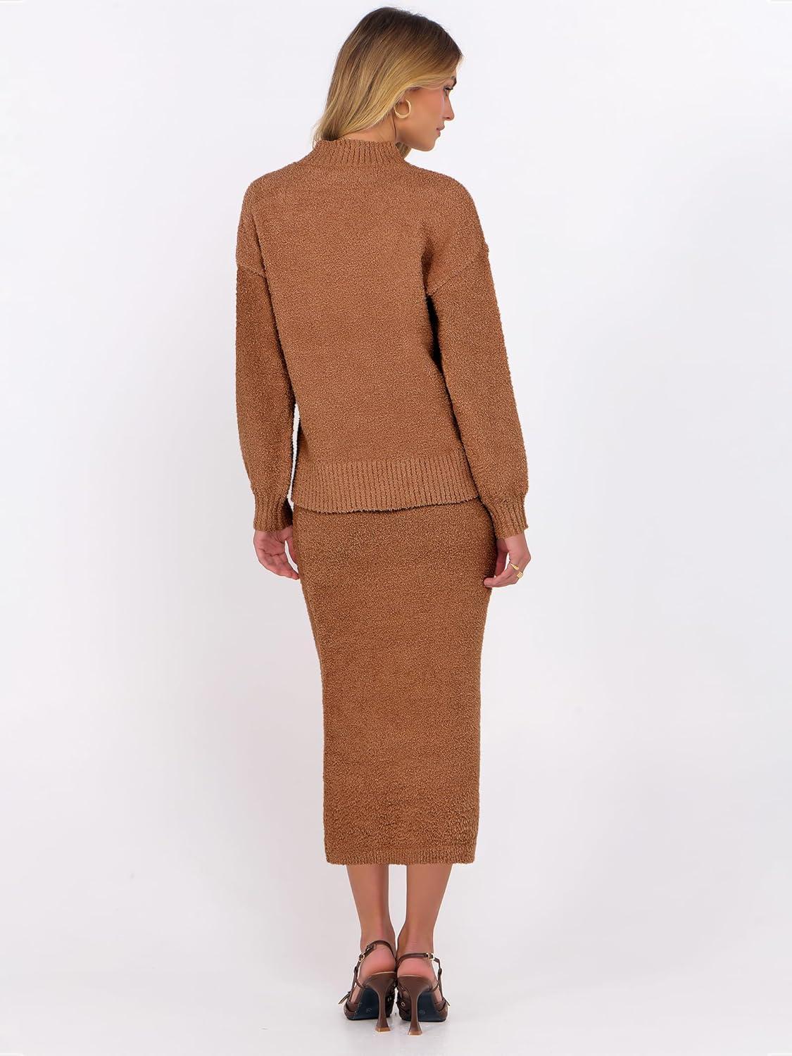 imageCaracilia Womens 2 Piece Skirts Sets Fuzzy Fleece Sweater Long Sleeve Knit Tops Midi Skirt Travel Matching Outfits 2025 FallOchre