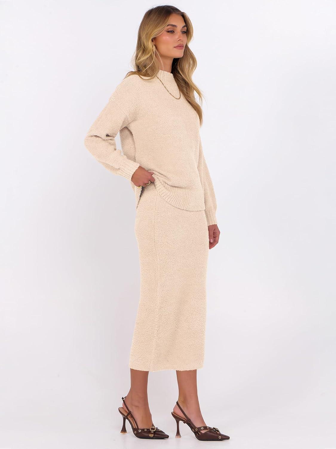 imageCaracilia Womens 2 Piece Skirts Sets Fuzzy Fleece Sweater Long Sleeve Knit Tops Midi Skirt Travel Matching Outfits 2025 FallParchment