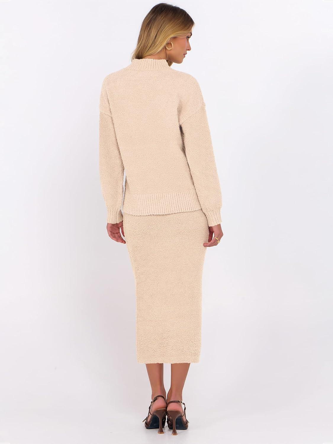 imageCaracilia Womens 2 Piece Skirts Sets Fuzzy Fleece Sweater Long Sleeve Knit Tops Midi Skirt Travel Matching Outfits 2025 FallParchment