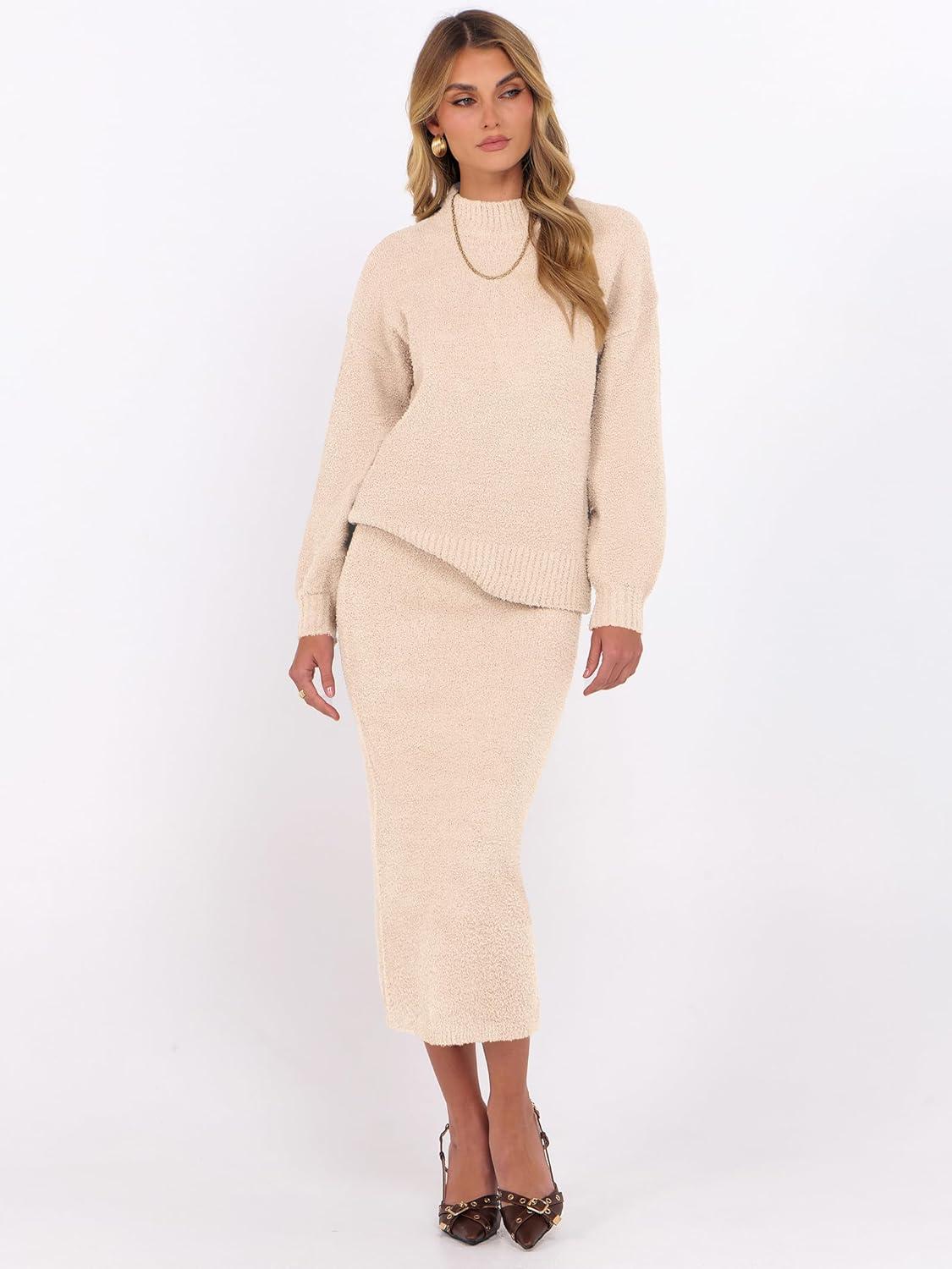 imageCaracilia Womens 2 Piece Skirts Sets Fuzzy Fleece Sweater Long Sleeve Knit Tops Midi Skirt Travel Matching Outfits 2025 FallParchment