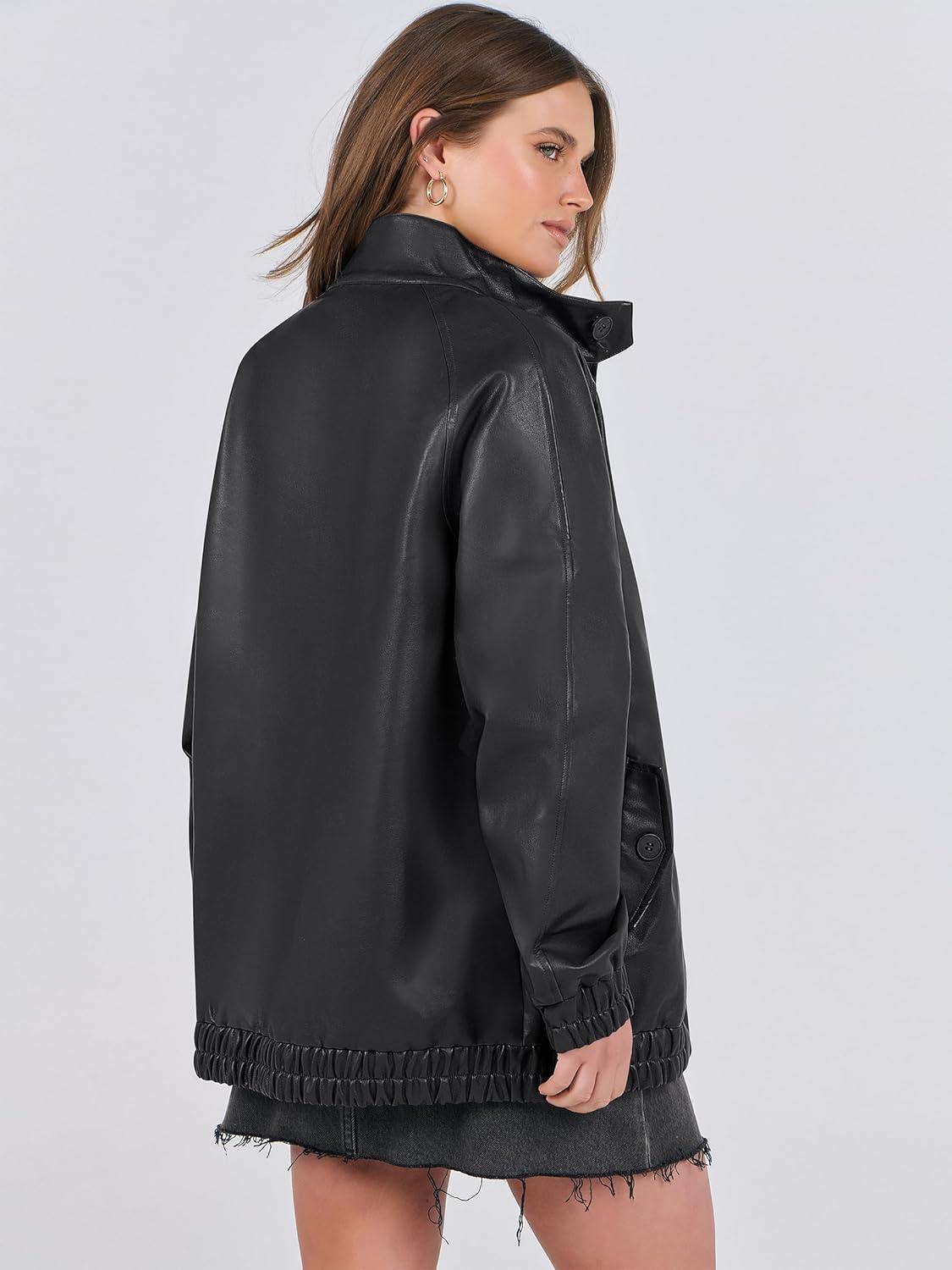 imageCaracilia Womens Oversized Leather Jacket Faux Suede Motorcycle Coat 2025 Fall Fashion Outfits Winter ClothesBlack