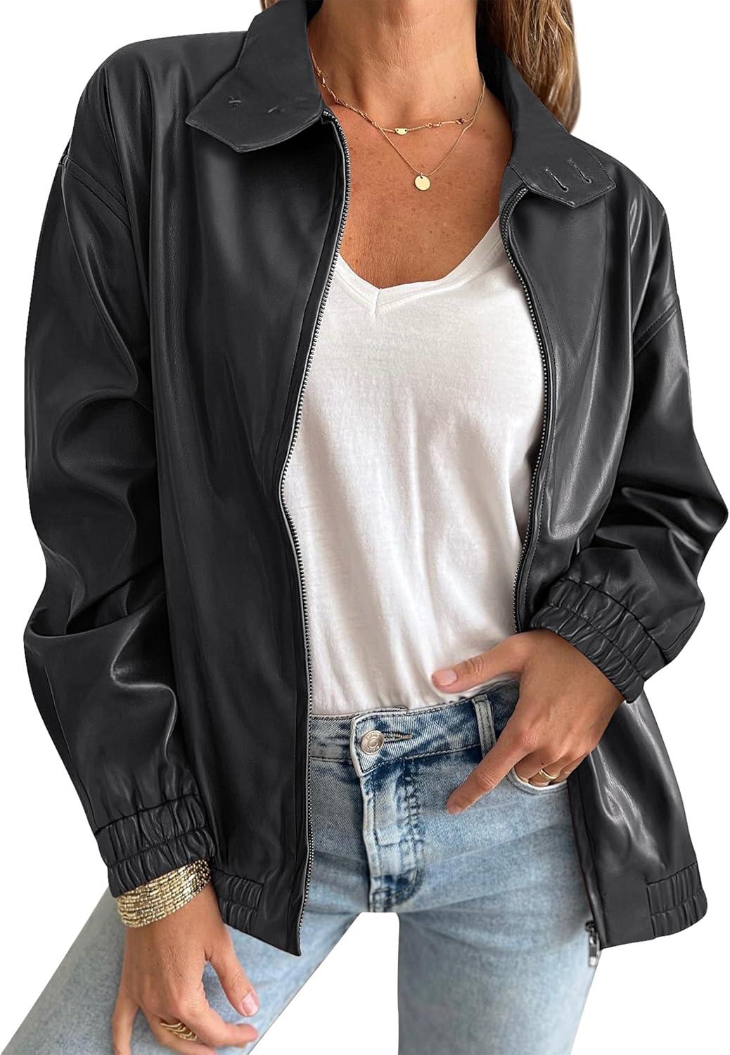 imageCaracilia Womens Oversized Leather Jacket Faux Suede Motorcycle Coat 2025 Fall Fashion Outfits Winter ClothesBlack