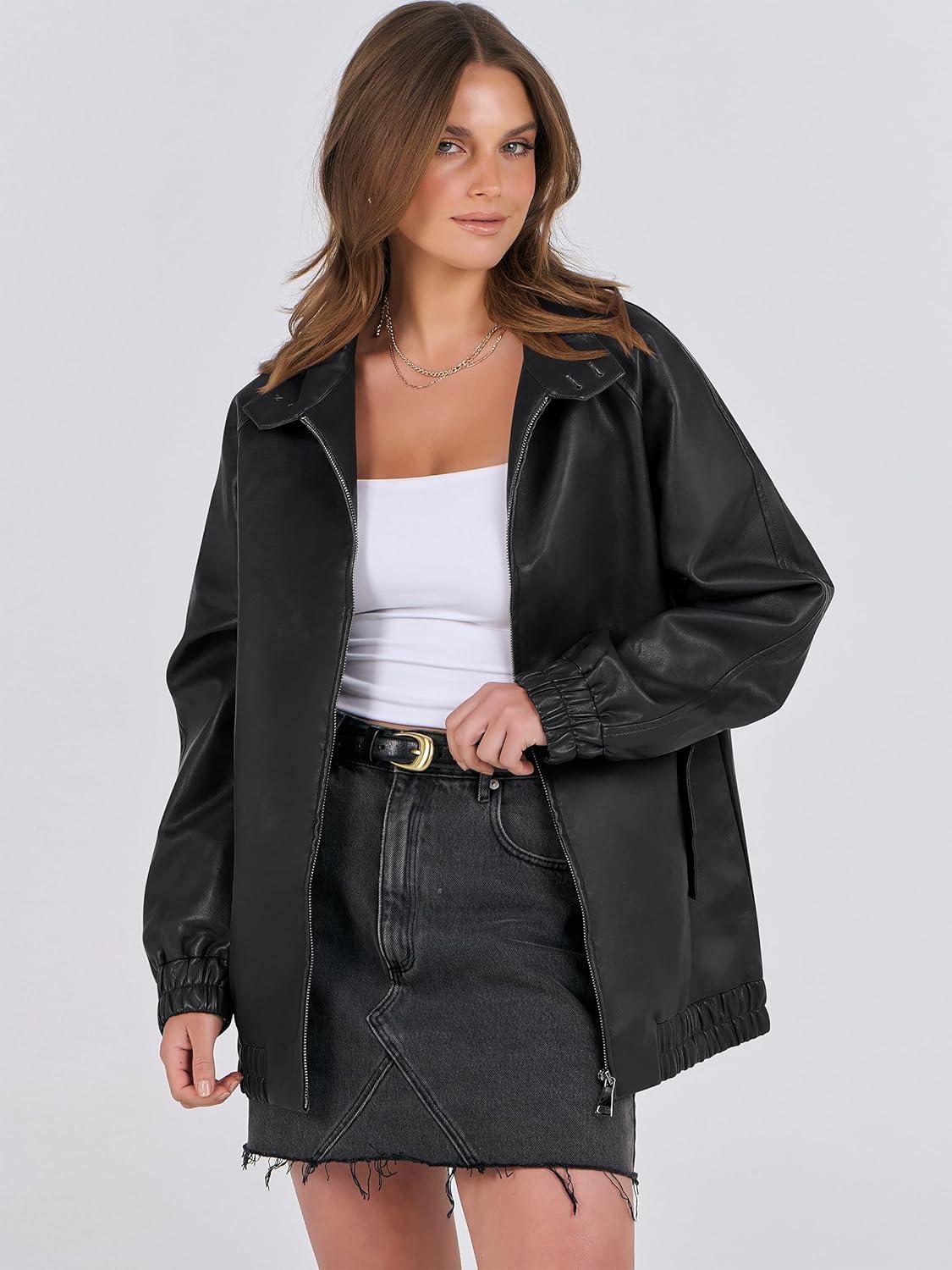 imageCaracilia Womens Oversized Leather Jacket Faux Suede Motorcycle Coat 2025 Fall Fashion Outfits Winter ClothesBlack