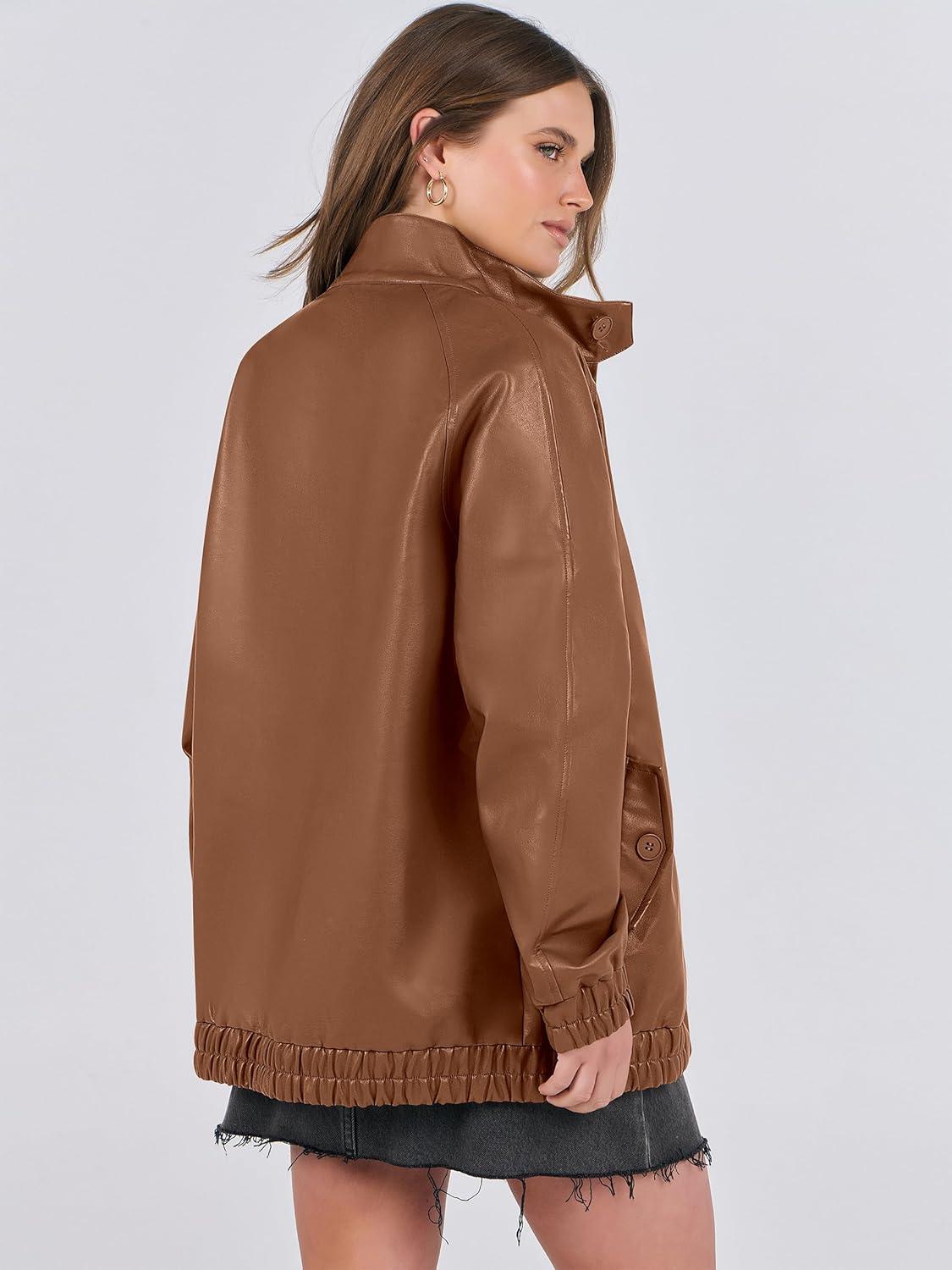 imageCaracilia Womens Oversized Leather Jacket Faux Suede Motorcycle Coat 2025 Fall Fashion Outfits Winter ClothesBrown