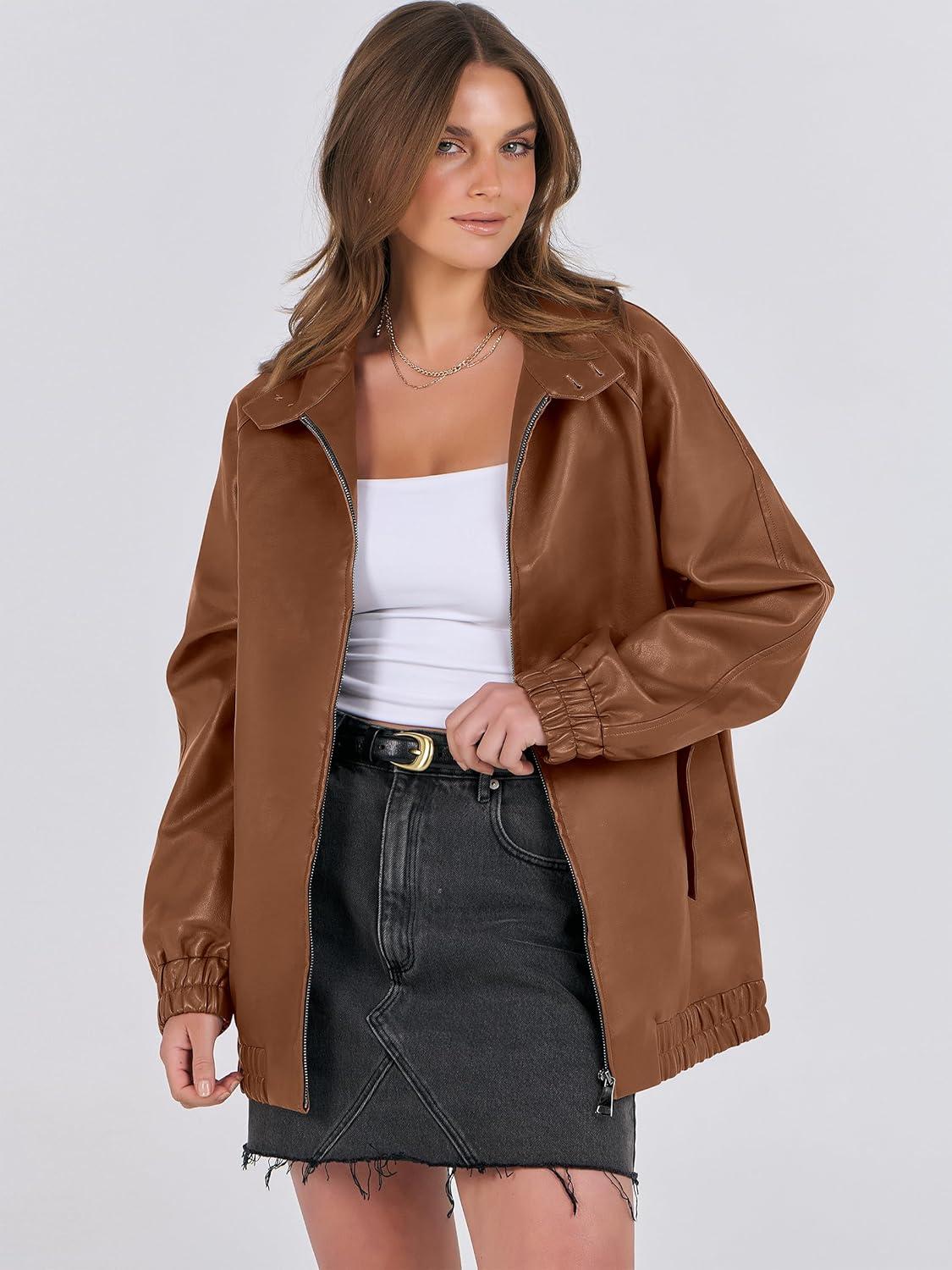 imageCaracilia Womens Oversized Leather Jacket Faux Suede Motorcycle Coat 2025 Fall Fashion Outfits Winter ClothesBrown