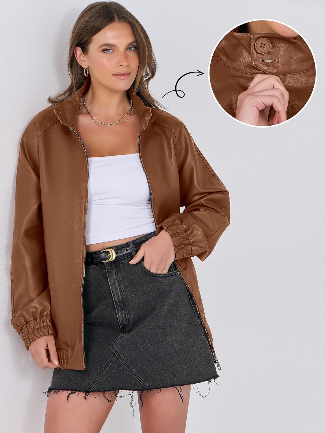 imageCaracilia Womens Oversized Leather Jacket Faux Suede Motorcycle Coat 2025 Fall Fashion Outfits Winter ClothesBrown