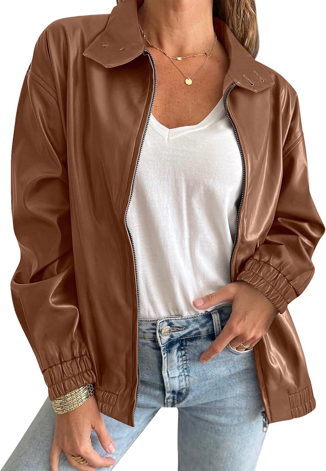 imageCaracilia Womens Oversized Leather Jacket Faux Suede Motorcycle Coat 2025 Fall Fashion Outfits Winter ClothesBrown