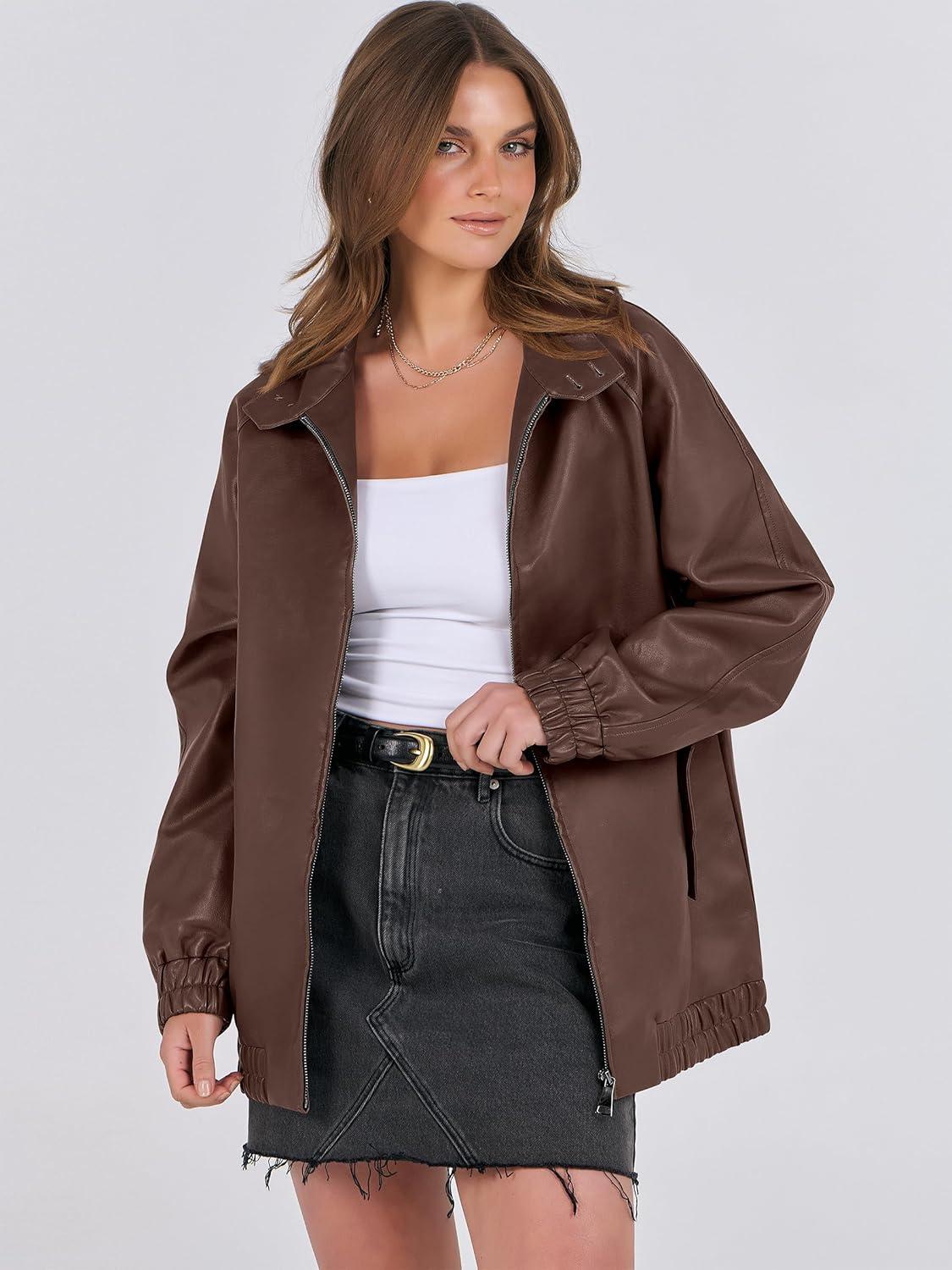 imageCaracilia Womens Oversized Leather Jacket Faux Suede Motorcycle Coat 2025 Fall Fashion Outfits Winter ClothesCoffee