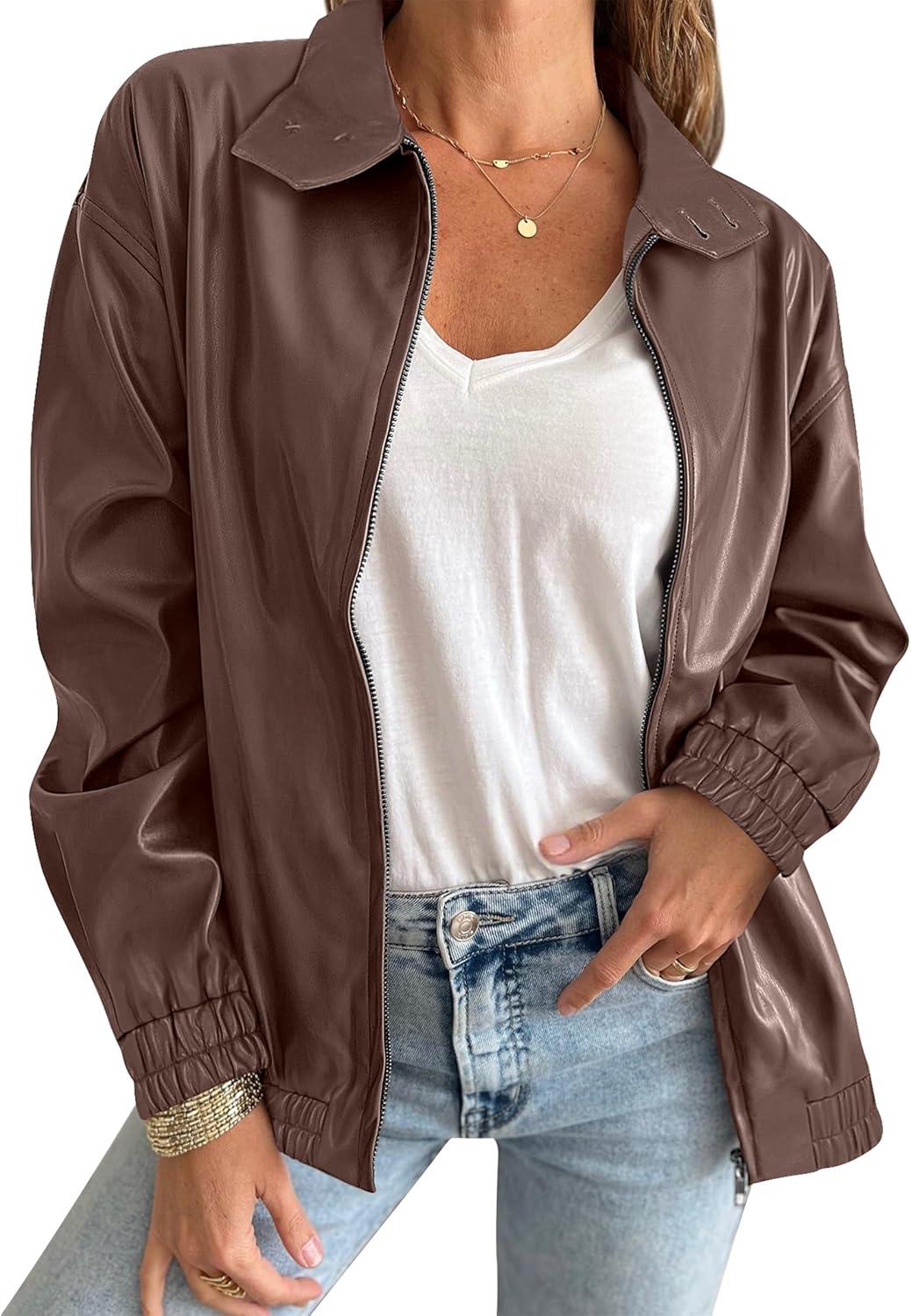 imageCaracilia Womens Oversized Leather Jacket Faux Suede Motorcycle Coat 2025 Fall Fashion Outfits Winter ClothesCoffee