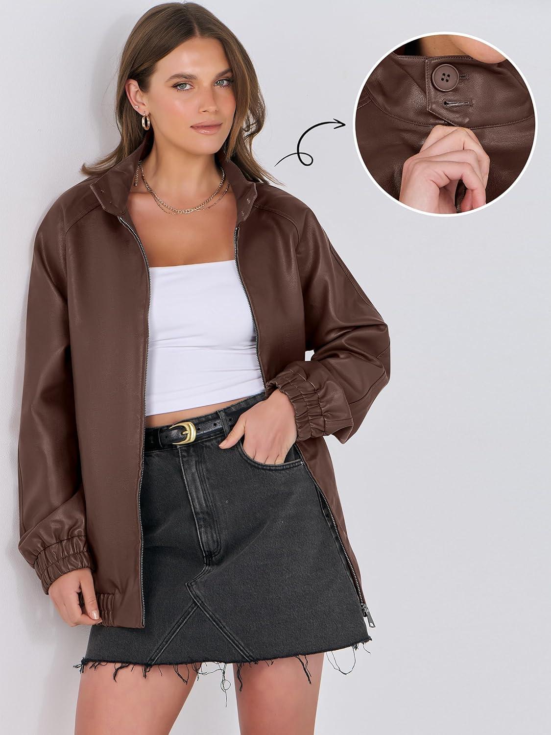 imageCaracilia Womens Oversized Leather Jacket Faux Suede Motorcycle Coat 2025 Fall Fashion Outfits Winter ClothesCoffee