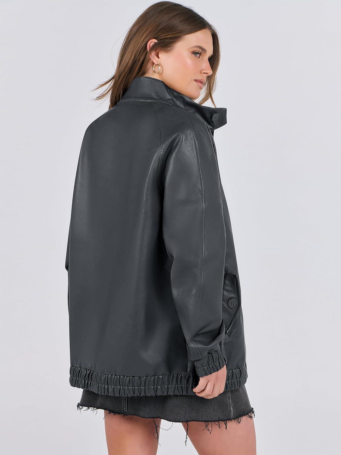 imageCaracilia Womens Oversized Leather Jacket Faux Suede Motorcycle Coat 2025 Fall Fashion Outfits Winter ClothesDark Green