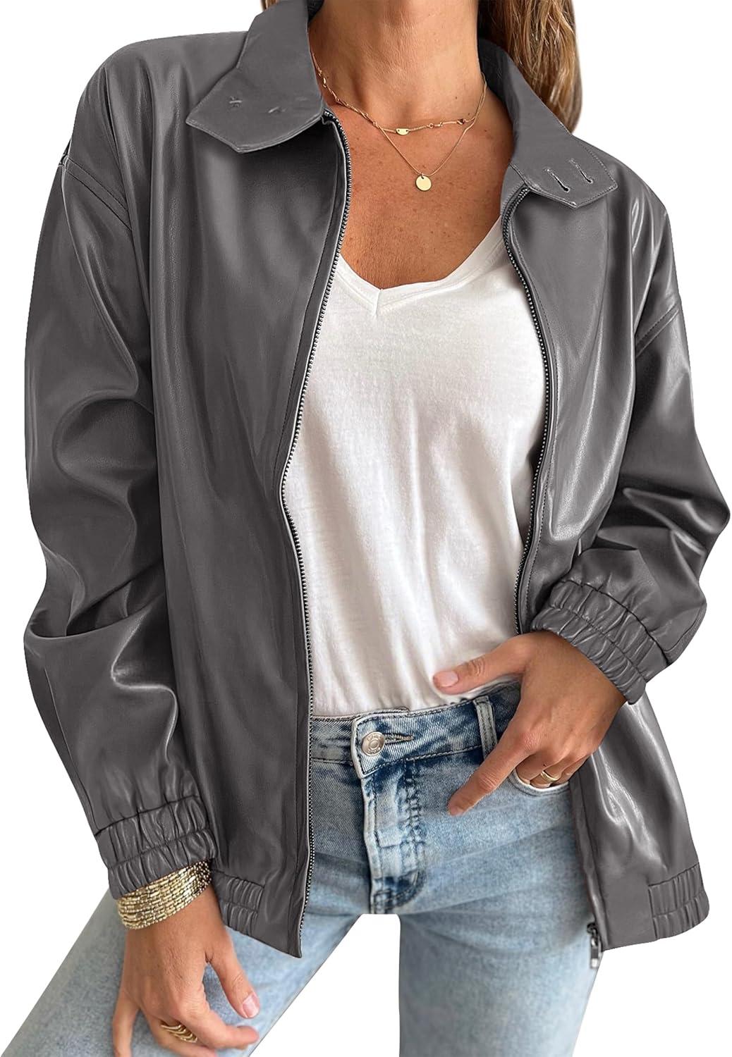 imageCaracilia Womens Oversized Leather Jacket Faux Suede Motorcycle Coat 2025 Fall Fashion Outfits Winter ClothesGrey
