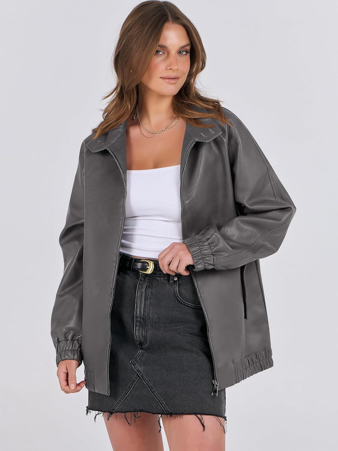 imageCaracilia Womens Oversized Leather Jacket Faux Suede Motorcycle Coat 2025 Fall Fashion Outfits Winter ClothesGrey