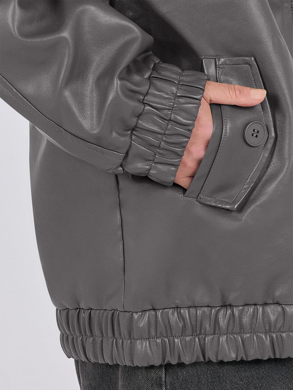 imageCaracilia Womens Oversized Leather Jacket Faux Suede Motorcycle Coat 2025 Fall Fashion Outfits Winter ClothesGrey