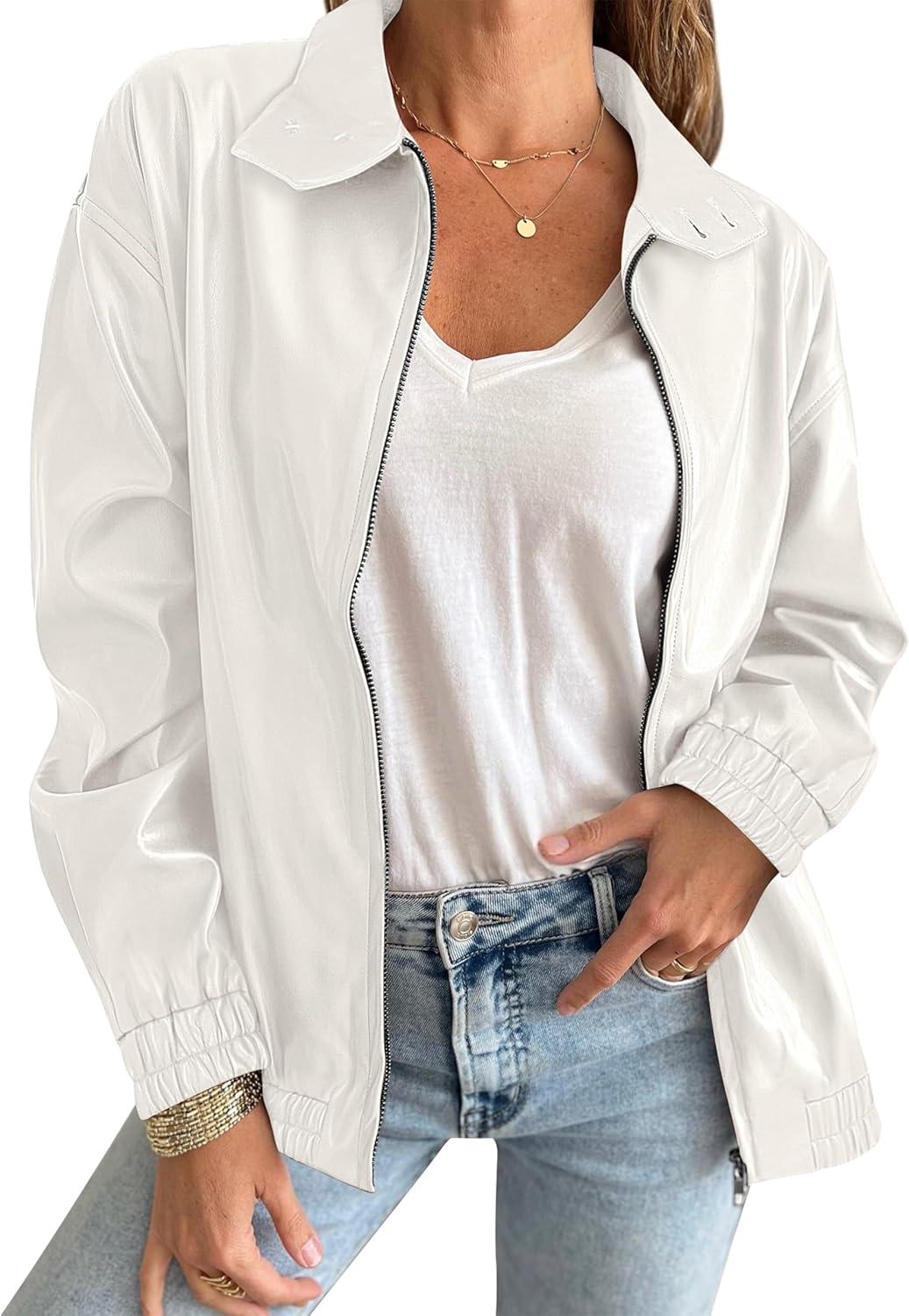 imageCaracilia Womens Oversized Leather Jacket Faux Suede Motorcycle Coat 2025 Fall Fashion Outfits Winter ClothesWhite