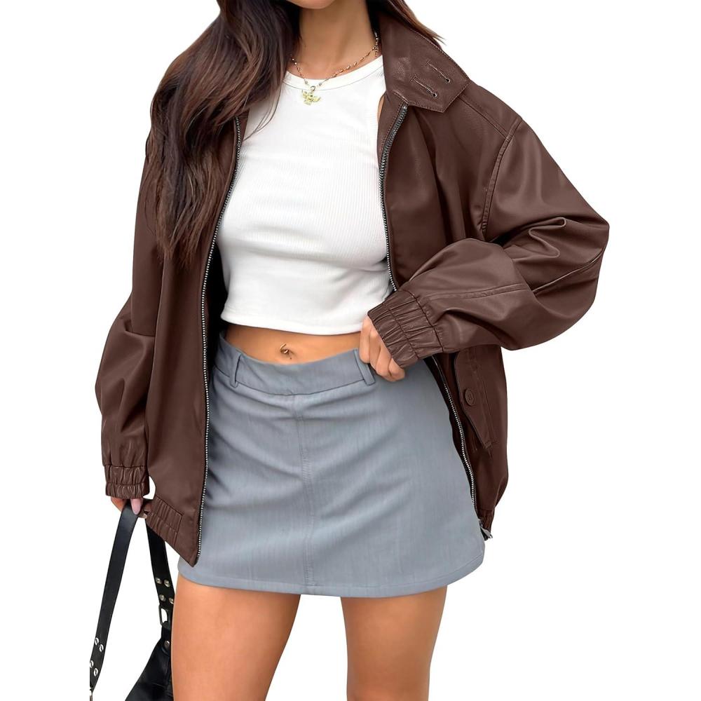 imageCaracilia Womens Oversized Leather Jacket Faux Suede Motorcycle Coat 2025 Fall Fashion Outfits Winter ClothesCoffee
