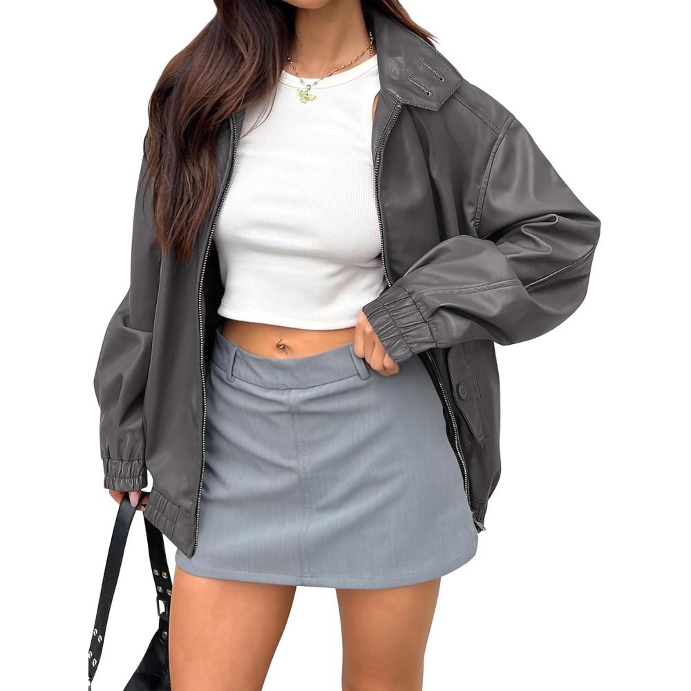 imageCaracilia Womens Oversized Leather Jacket Faux Suede Motorcycle Coat 2025 Fall Fashion Outfits Winter ClothesGrey