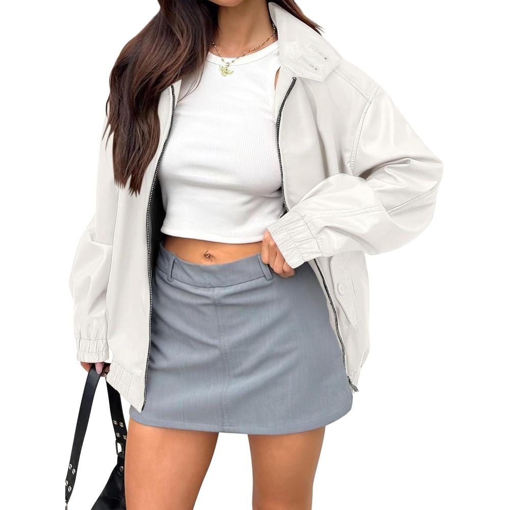 imageCaracilia Womens Oversized Leather Jacket Faux Suede Motorcycle Coat 2025 Fall Fashion Outfits Winter ClothesWhite