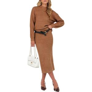 imageCaracilia Womens 2 Piece Skirts Sets Fuzzy Fleece Sweater Long Sleeve Knit Tops Midi Skirt Travel Matching Outfits 2025 FallOchre