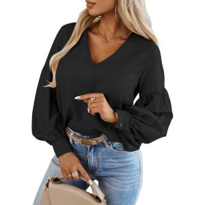 imageCaracilia Womens Dressy Casual Blouses Puff Long Sleeve Shirts V Neck Floral Boho Tops 2025 Fall Vacation OutfitsBlack