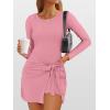 imageCaracilia Women Long Sleeve Tennis Dress 2025 Fall Bodycon Tie Waist Romper Skorts Athletic Mini Dresses Built in ShortsCoral