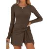 imageCaracilia Women Long Sleeve Tennis Dress 2025 Fall Bodycon Tie Waist Romper Skorts Athletic Mini Dresses Built in ShortsCoffee