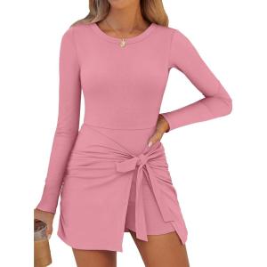 imageCaracilia Women Long Sleeve Tennis Dress 2025 Fall Bodycon Tie Waist Romper Skorts Athletic Mini Dresses Built in ShortsCoral