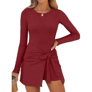 imageCaracilia Women Long Sleeve Tennis Dress 2025 Fall Bodycon Tie Waist Romper Skorts Athletic Mini Dresses Built in ShortsDark Red