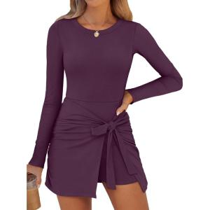 imageCaracilia Women Long Sleeve Tennis Dress 2025 Fall Bodycon Tie Waist Romper Skorts Athletic Mini Dresses Built in ShortsPurple Red
