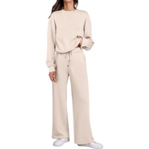 imageCaracilia Womens 2 Piece Outfits Sweatsuit Fall Crewneck Sweatshirts Wide Leg Pants Lounge Matching Sweat Sets TracksuitAlmond