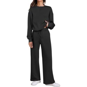 imageCaracilia Womens 2 Piece Outfits Sweatsuit Fall Crewneck Sweatshirts Wide Leg Pants Lounge Matching Sweat Sets TracksuitBlack