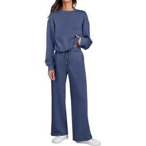imageCaracilia Womens 2 Piece Outfits Sweatsuit Fall Crewneck Sweatshirts Wide Leg Pants Lounge Matching Sweat Sets TracksuitBlue