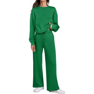 imageCaracilia Womens 2 Piece Outfits Sweatsuit Fall Crewneck Sweatshirts Wide Leg Pants Lounge Matching Sweat Sets TracksuitGreen
