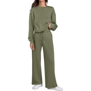 imageCaracilia Womens 2 Piece Outfits Sweatsuit Fall Crewneck Sweatshirts Wide Leg Pants Lounge Matching Sweat Sets TracksuitGrey Green