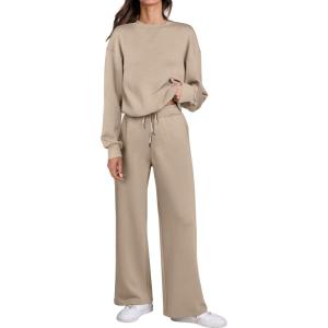 imageCaracilia Womens 2 Piece Outfits Sweatsuit Fall Crewneck Sweatshirts Wide Leg Pants Lounge Matching Sweat Sets TracksuitKhaki