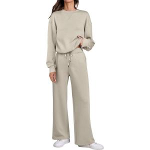 imageCaracilia Womens 2 Piece Outfits Sweatsuit Fall Crewneck Sweatshirts Wide Leg Pants Lounge Matching Sweat Sets TracksuitLight Khaki