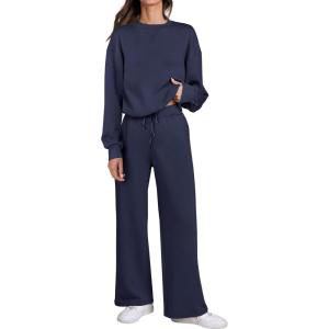 imageCaracilia Womens 2 Piece Outfits Sweatsuit Fall Crewneck Sweatshirts Wide Leg Pants Lounge Matching Sweat Sets TracksuitNavy Blue