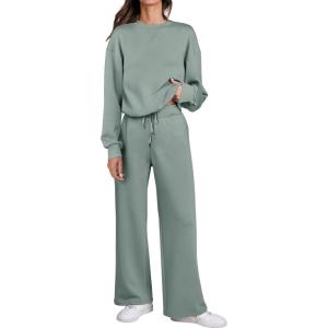 imageCaracilia Womens 2 Piece Outfits Sweatsuit Fall Crewneck Sweatshirts Wide Leg Pants Lounge Matching Sweat Sets TracksuitPea Green