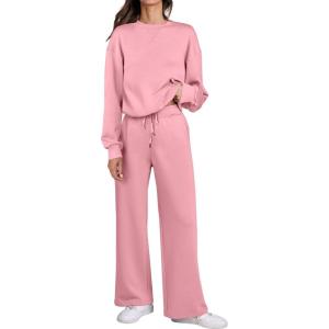 imageCaracilia Womens 2 Piece Outfits Sweatsuit Fall Crewneck Sweatshirts Wide Leg Pants Lounge Matching Sweat Sets TracksuitPink