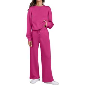 imageCaracilia Womens 2 Piece Outfits Sweatsuit Fall Crewneck Sweatshirts Wide Leg Pants Lounge Matching Sweat Sets TracksuitRose