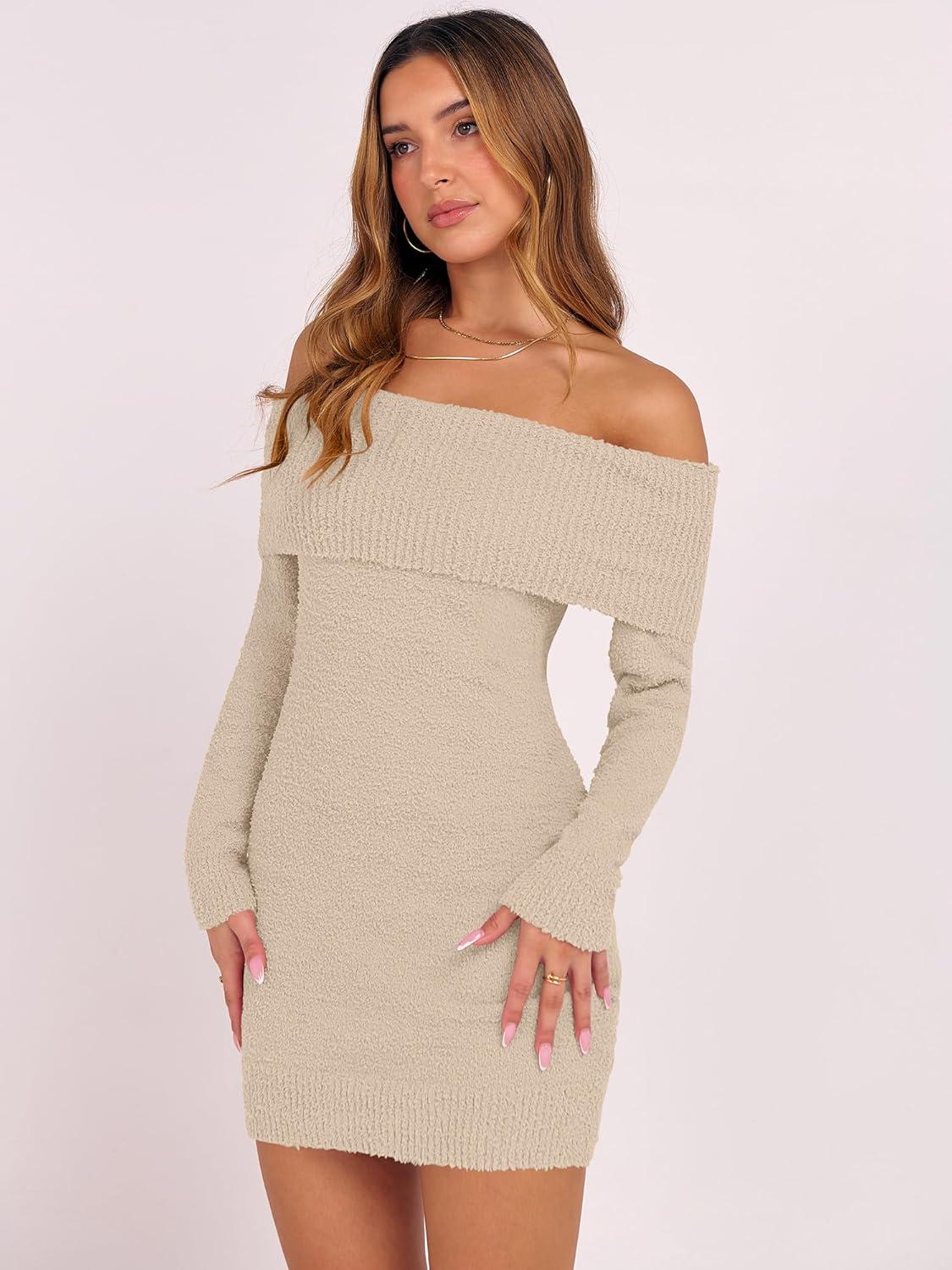 imageCaracilia Womens Off The Shoulder Sweater Mini Dress Long Sleeve Fuzzy Fleece Bodycon Cocktail Party 2025 Fall Short DressesAlmond Natural Linen