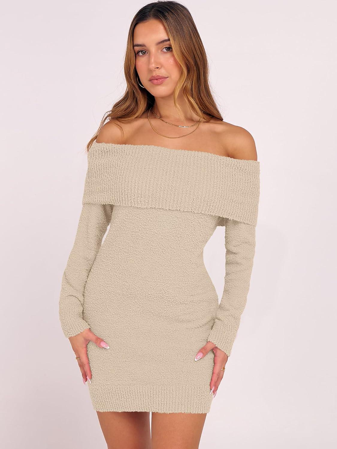 imageCaracilia Womens Off The Shoulder Sweater Mini Dress Long Sleeve Fuzzy Fleece Bodycon Cocktail Party 2025 Fall Short DressesAlmond Natural Linen