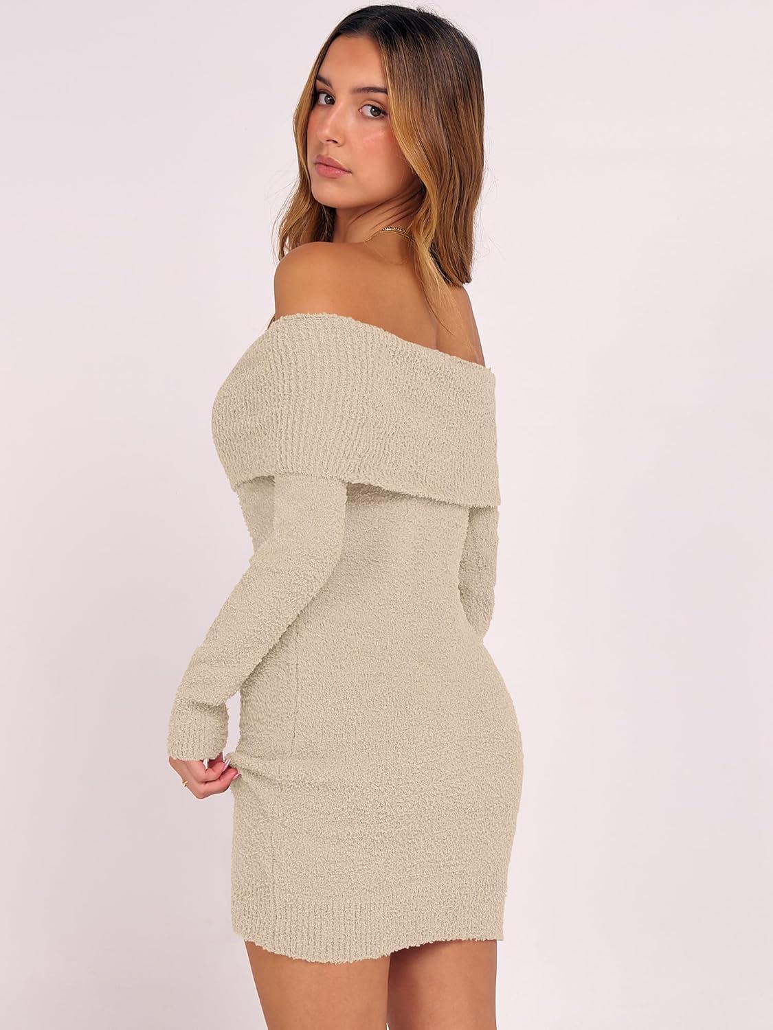 imageCaracilia Womens Off The Shoulder Sweater Mini Dress Long Sleeve Fuzzy Fleece Bodycon Cocktail Party 2025 Fall Short DressesAlmond Natural Linen