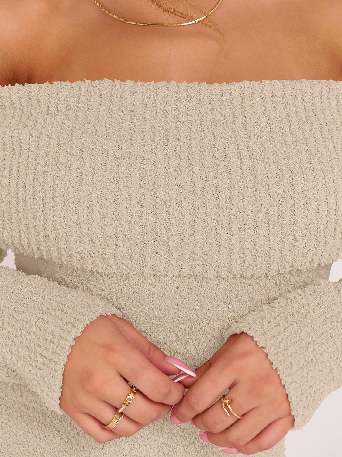 imageCaracilia Womens Off The Shoulder Sweater Mini Dress Long Sleeve Fuzzy Fleece Bodycon Cocktail Party 2025 Fall Short DressesAlmond Natural Linen