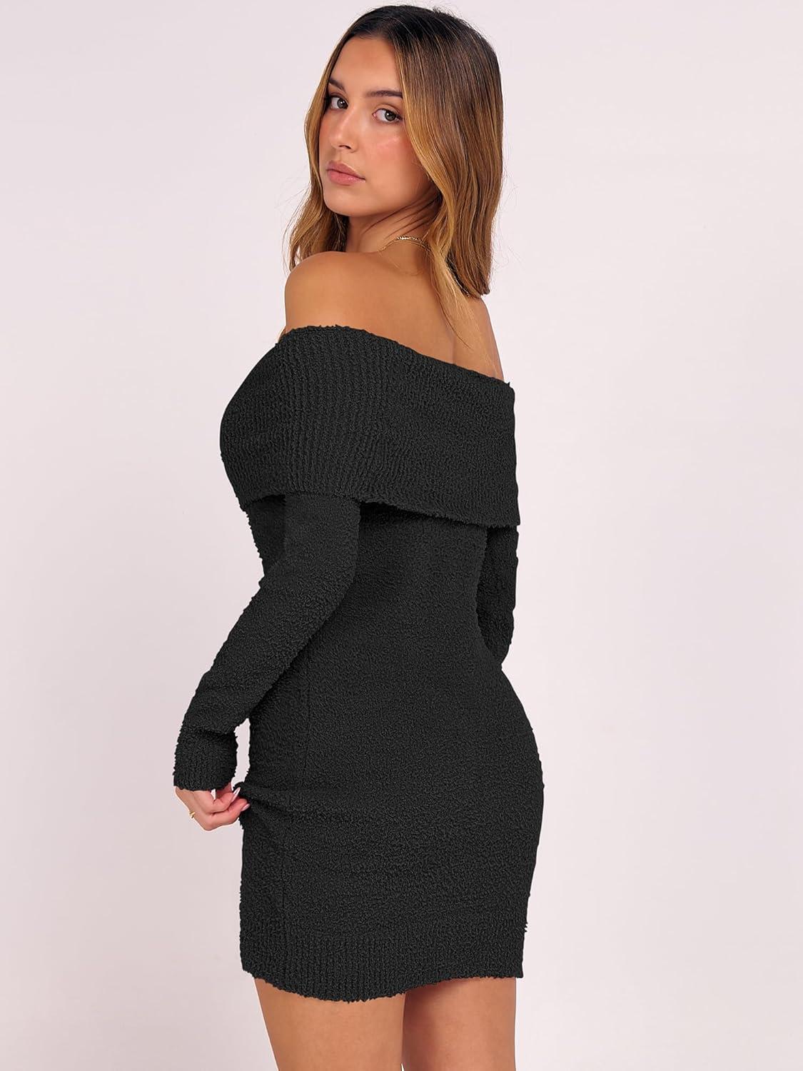 imageCaracilia Womens Off The Shoulder Sweater Mini Dress Long Sleeve Fuzzy Fleece Bodycon Cocktail Party 2025 Fall Short DressesBlack