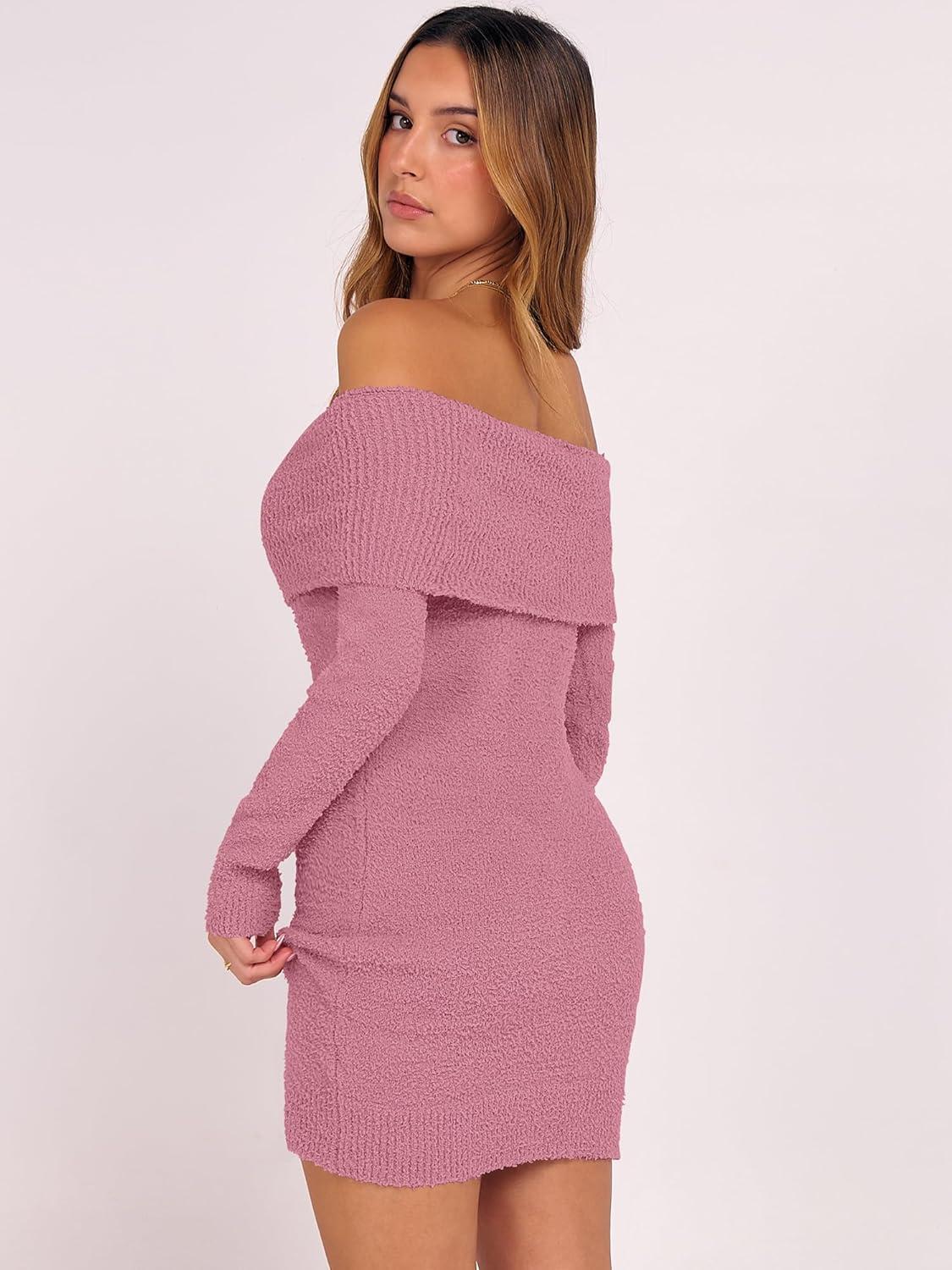 imageCaracilia Womens Off The Shoulder Sweater Mini Dress Long Sleeve Fuzzy Fleece Bodycon Cocktail Party 2025 Fall Short DressesBlush Pink