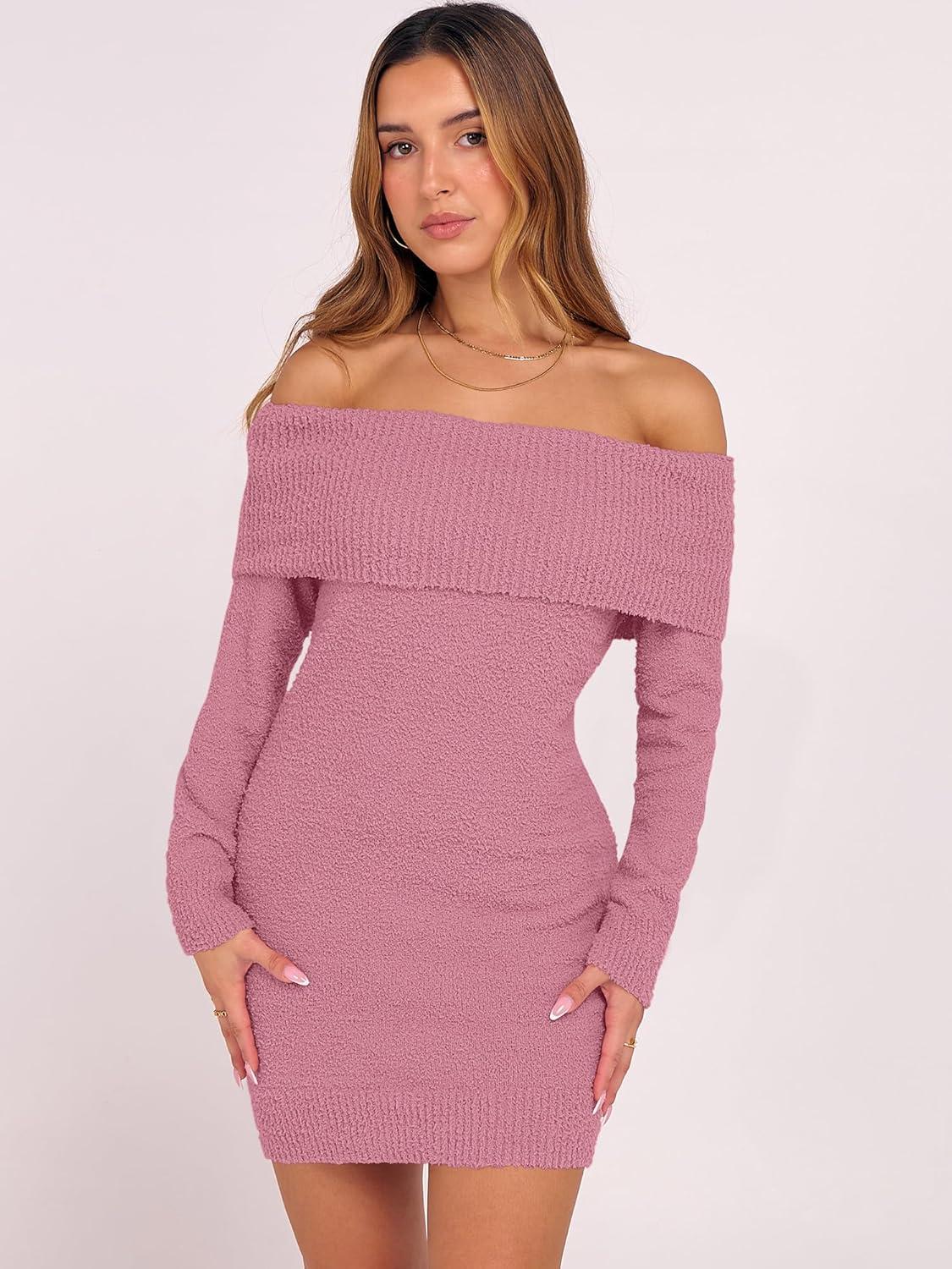 imageCaracilia Womens Off The Shoulder Sweater Mini Dress Long Sleeve Fuzzy Fleece Bodycon Cocktail Party 2025 Fall Short DressesBlush Pink