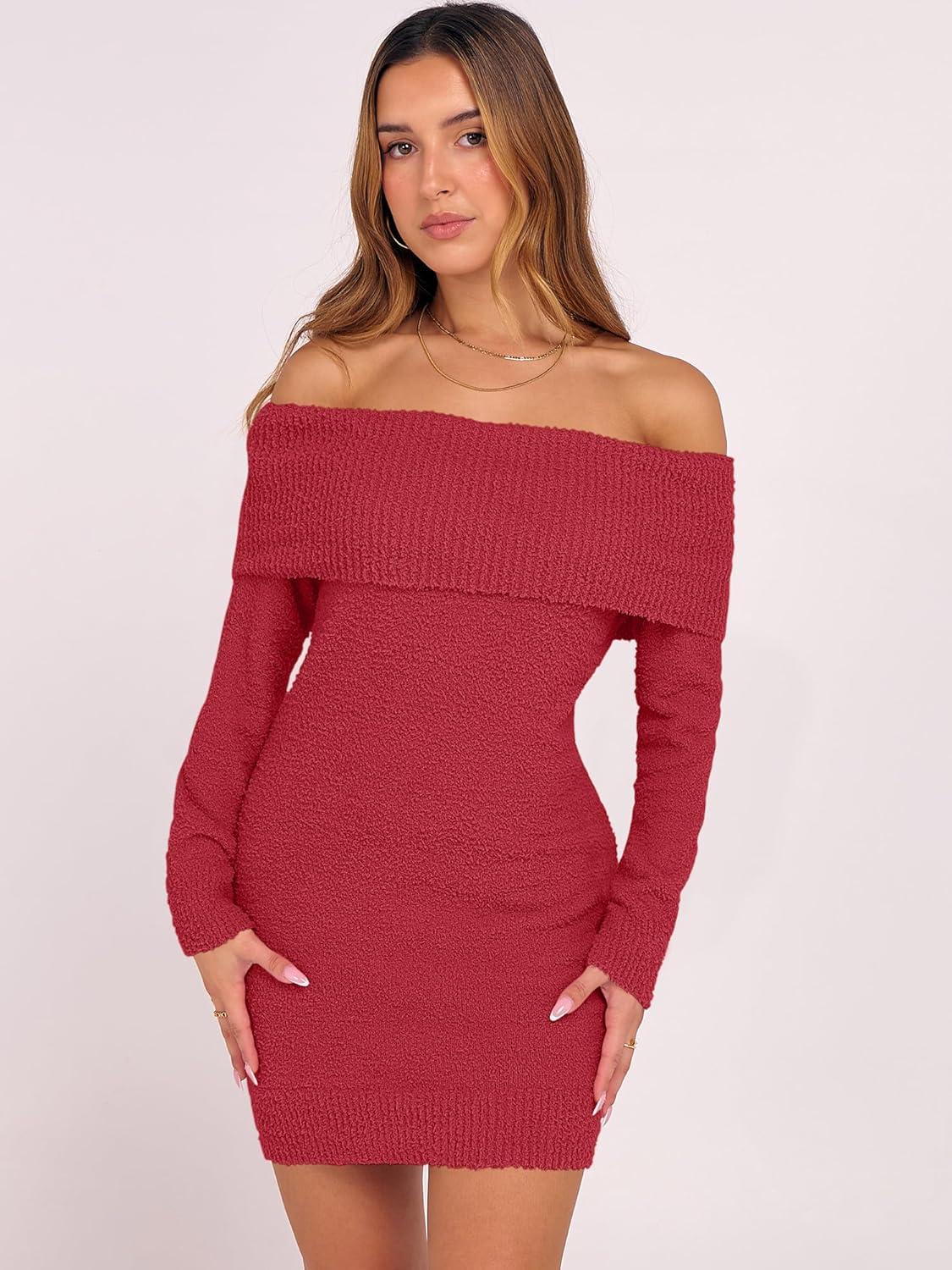 imageCaracilia Womens Off The Shoulder Sweater Mini Dress Long Sleeve Fuzzy Fleece Bodycon Cocktail Party 2025 Fall Short DressesRed