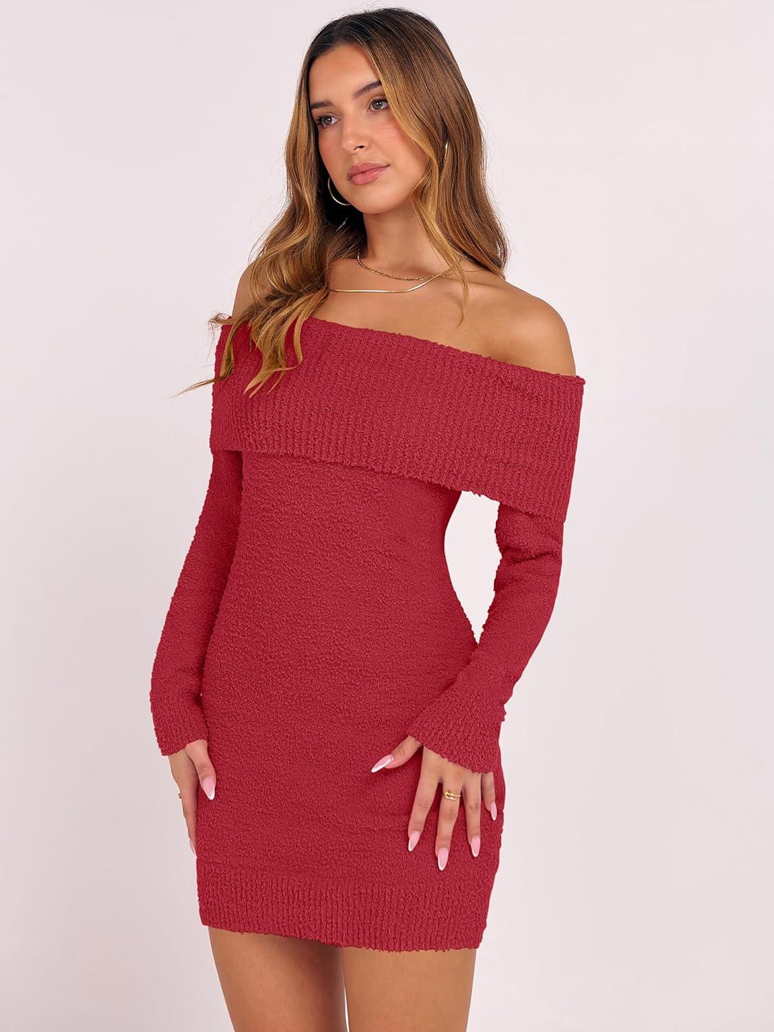 imageCaracilia Womens Off The Shoulder Sweater Mini Dress Long Sleeve Fuzzy Fleece Bodycon Cocktail Party 2025 Fall Short DressesRed